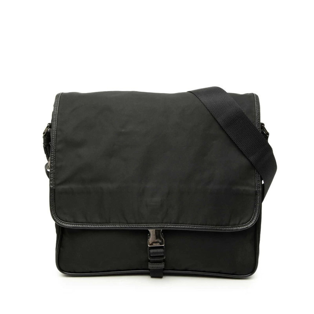 Prada Triangle Plate Crossbody Bag Black Leather